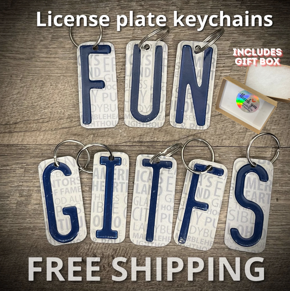 Blue License plate letter keychain includes gift box